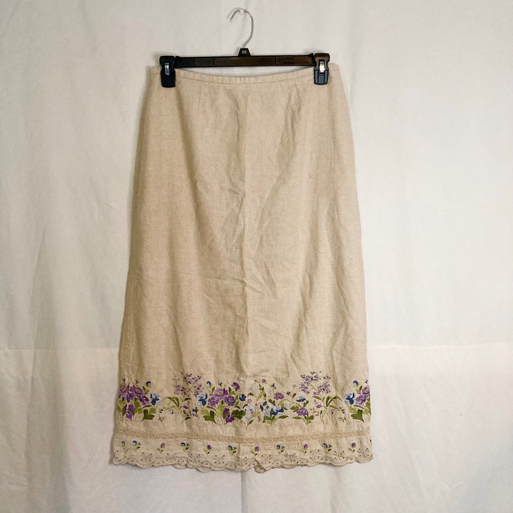 VTG Harris Wallace Linen Blend Embroidered Floral Eyelet Lace Midi Skirt Tan 12